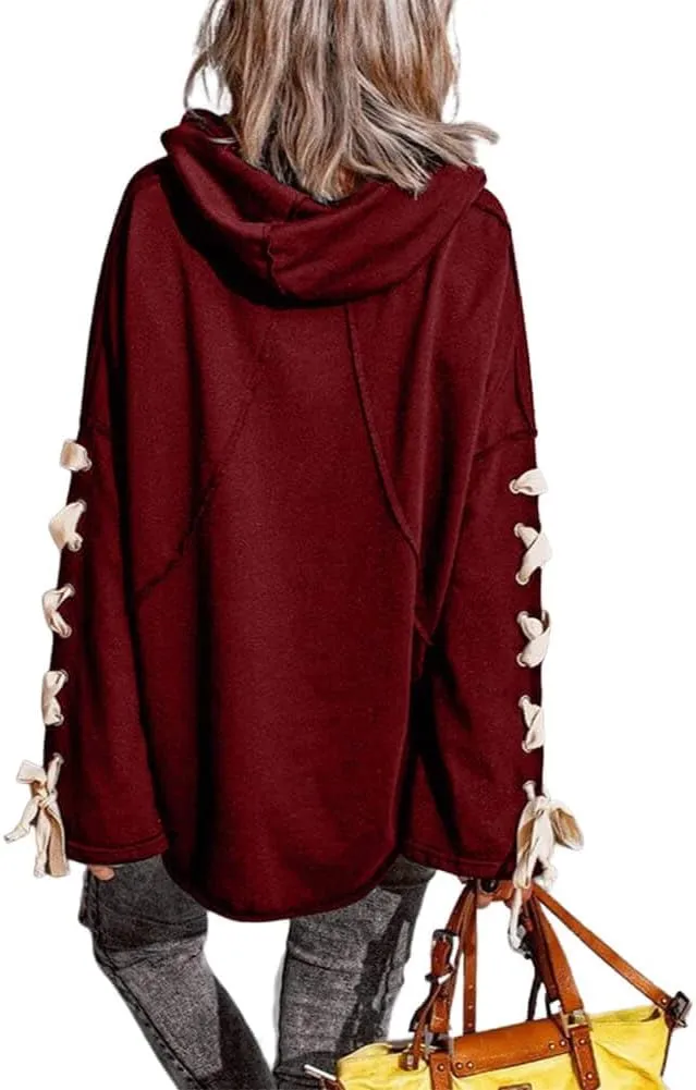 CHARTOU Women's Slouchy Hoodie Oversized Lace Up Flared Sleeve Stacked Cowl Collar Sweatshirt Tops