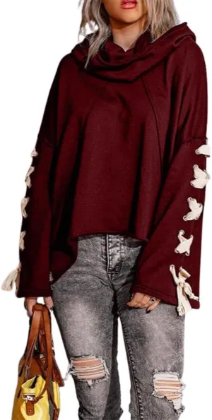 CHARTOU Women's Slouchy Hoodie Oversized Lace Up Flared Sleeve Stacked Cowl Collar Sweatshirt Tops