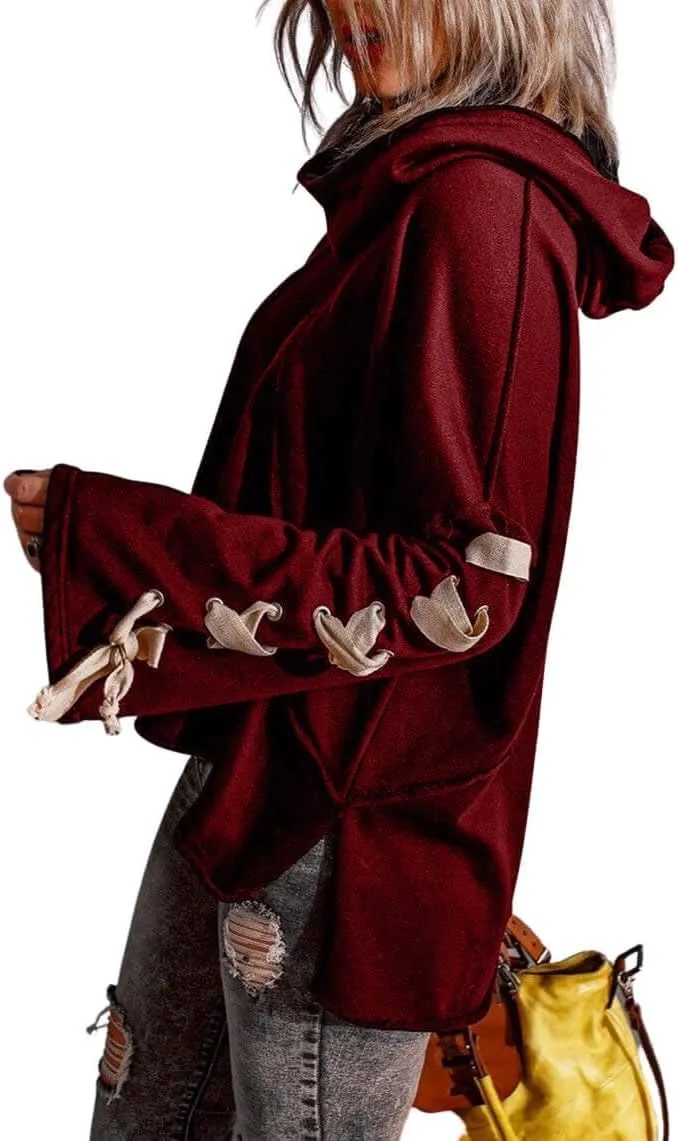 CHARTOU Women's Slouchy Hoodie Oversized Lace Up Flared Sleeve Stacked Cowl Collar Sweatshirt Tops