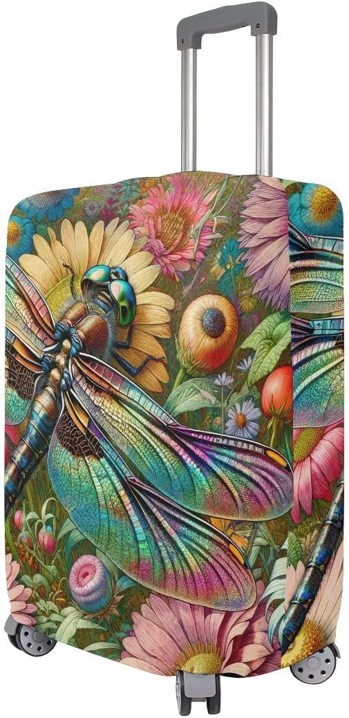 CHIFIGNO Flower Dragonfly Cover for Luggage Travel Large Suitcase Cover with Concealed Zipper Suitable for 18-32 Inch M Fits 22-24 Inch