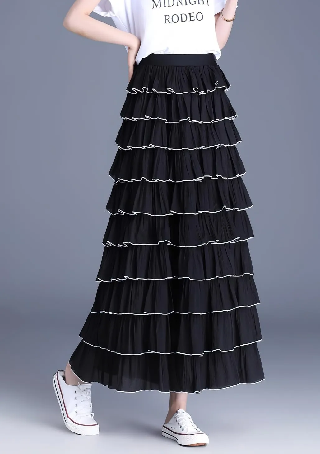 chouyatou Women's Elegant Ruffle Tiered Skirt Elastic High Waist Lining Pleated Layered A Line Midi Skirt