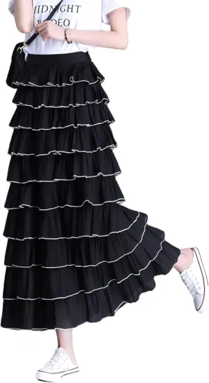 chouyatou Women's Elegant Ruffle Tiered Skirt Elastic High Waist Lining Pleated Layered A Line Midi Skirt