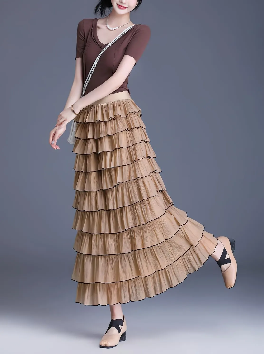 chouyatou Women's Elegant Ruffle Tiered Skirt Elastic High Waist Lining Pleated Layered A Line Midi Skirt