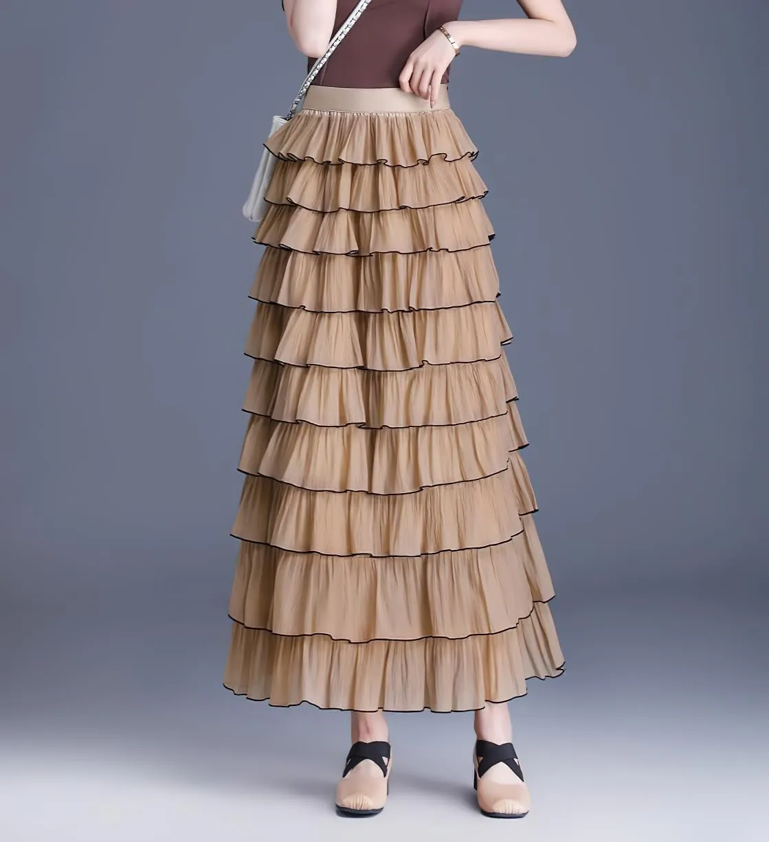 chouyatou Women's Elegant Ruffle Tiered Skirt Elastic High Waist Lining Pleated Layered A Line Midi Skirt