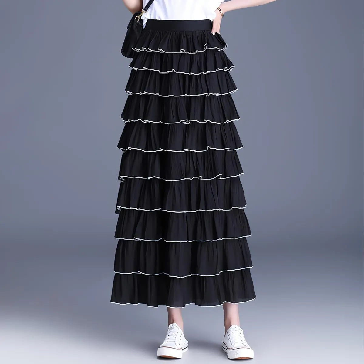 chouyatou Women's Elegant Ruffle Tiered Skirt Elastic High Waist Lining Pleated Layered A Line Midi Skirt