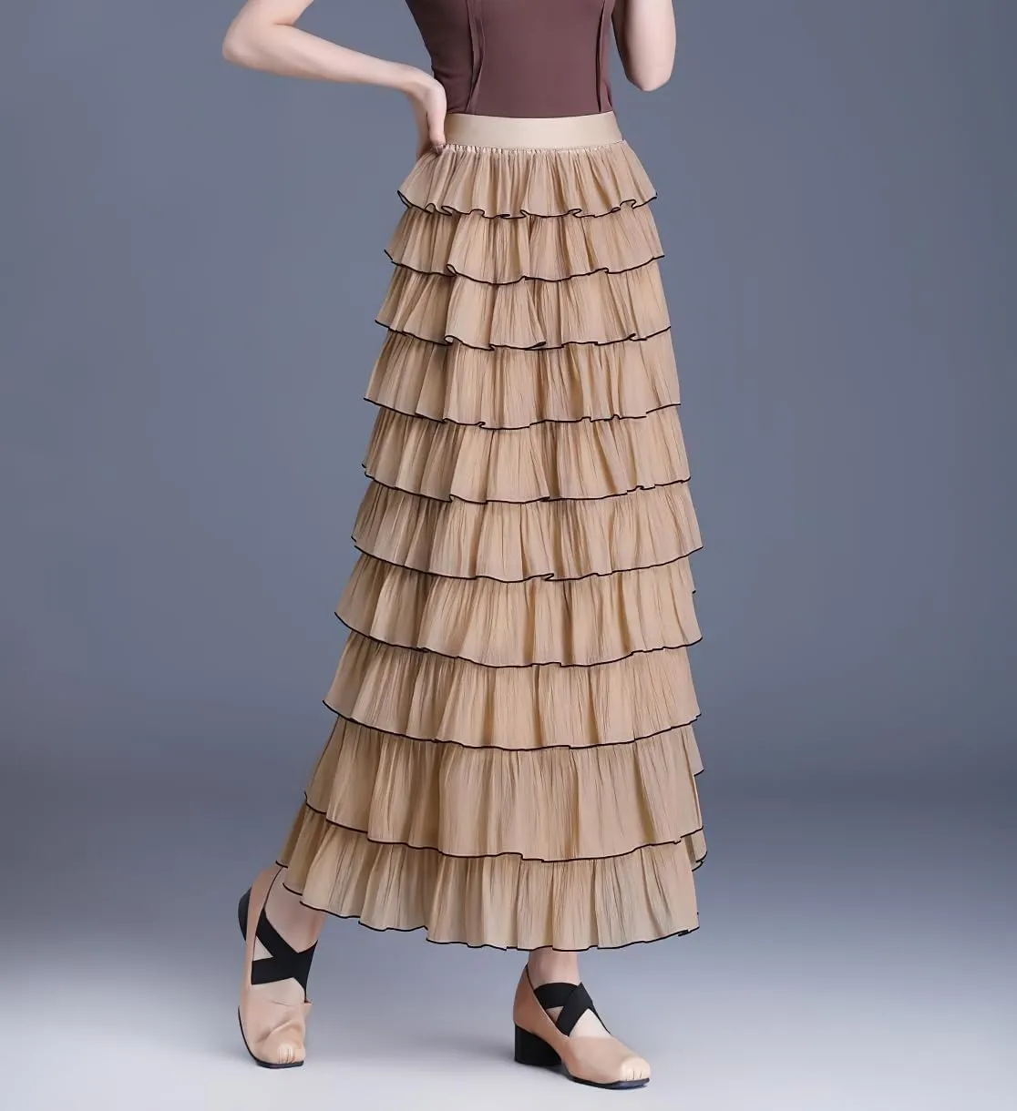 chouyatou Women's Elegant Ruffle Tiered Skirt Elastic High Waist Lining Pleated Layered A Line Midi Skirt