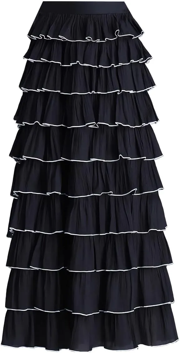 chouyatou Women's Elegant Ruffle Tiered Skirt Elastic High Waist Lining Pleated Layered A Line Midi Skirt