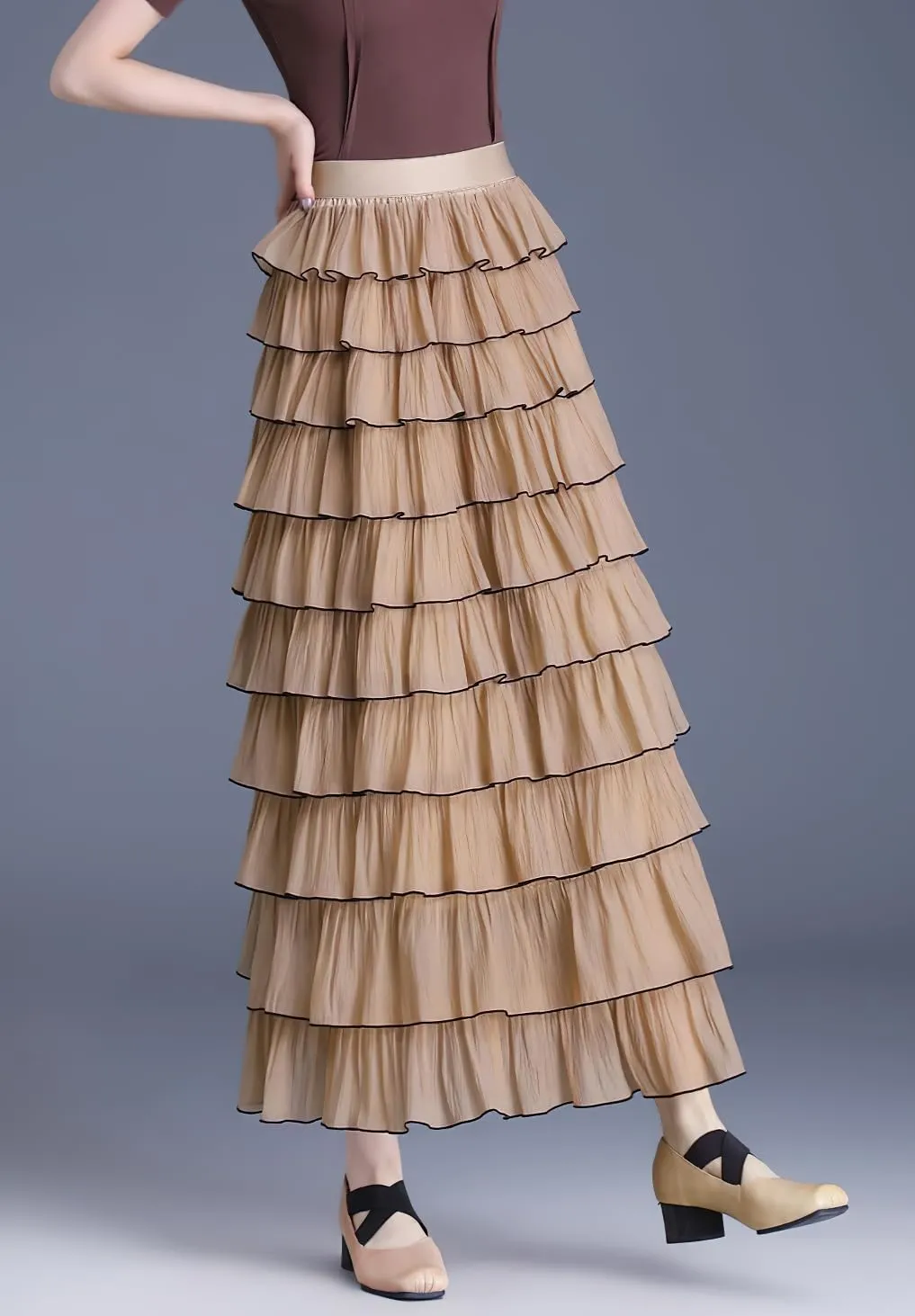 chouyatou Women's Elegant Ruffle Tiered Skirt Elastic High Waist Lining Pleated Layered A Line Midi Skirt