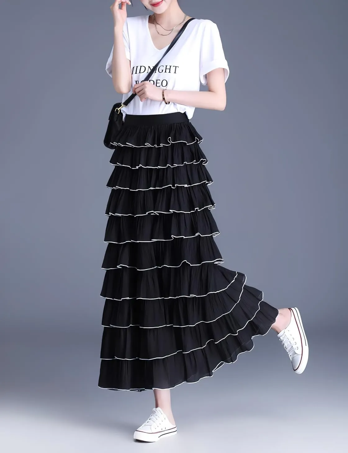 chouyatou Women's Elegant Ruffle Tiered Skirt Elastic High Waist Lining Pleated Layered A Line Midi Skirt