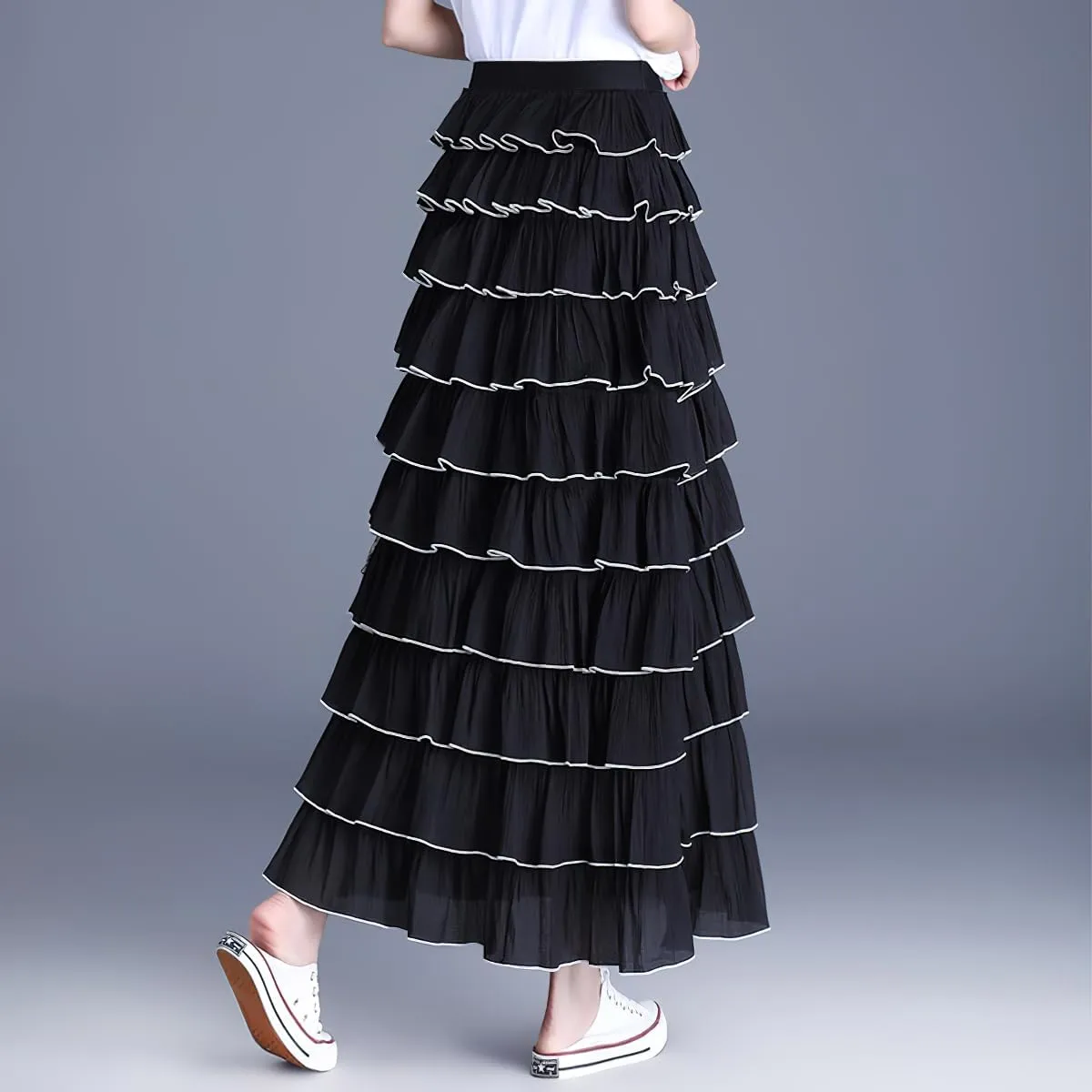chouyatou Women's Elegant Ruffle Tiered Skirt Elastic High Waist Lining Pleated Layered A Line Midi Skirt