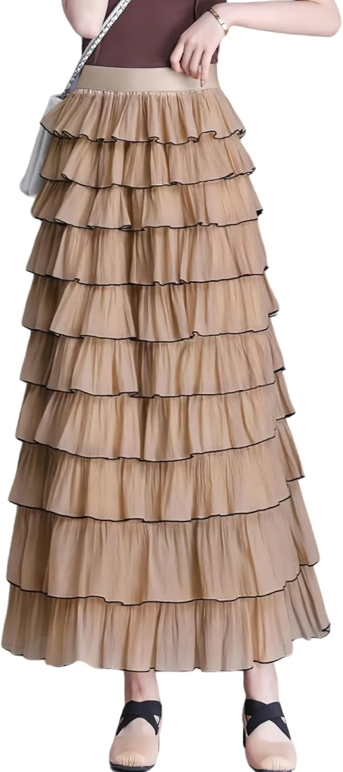 chouyatou Women's Elegant Ruffle Tiered Skirt Elastic High Waist Lining Pleated Layered A Line Midi Skirt