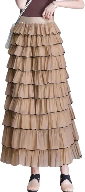 chouyatou Women's Elegant Ruffle Tiered Skirt Elastic High Waist Lining Pleated Layered A Line Midi Skirt