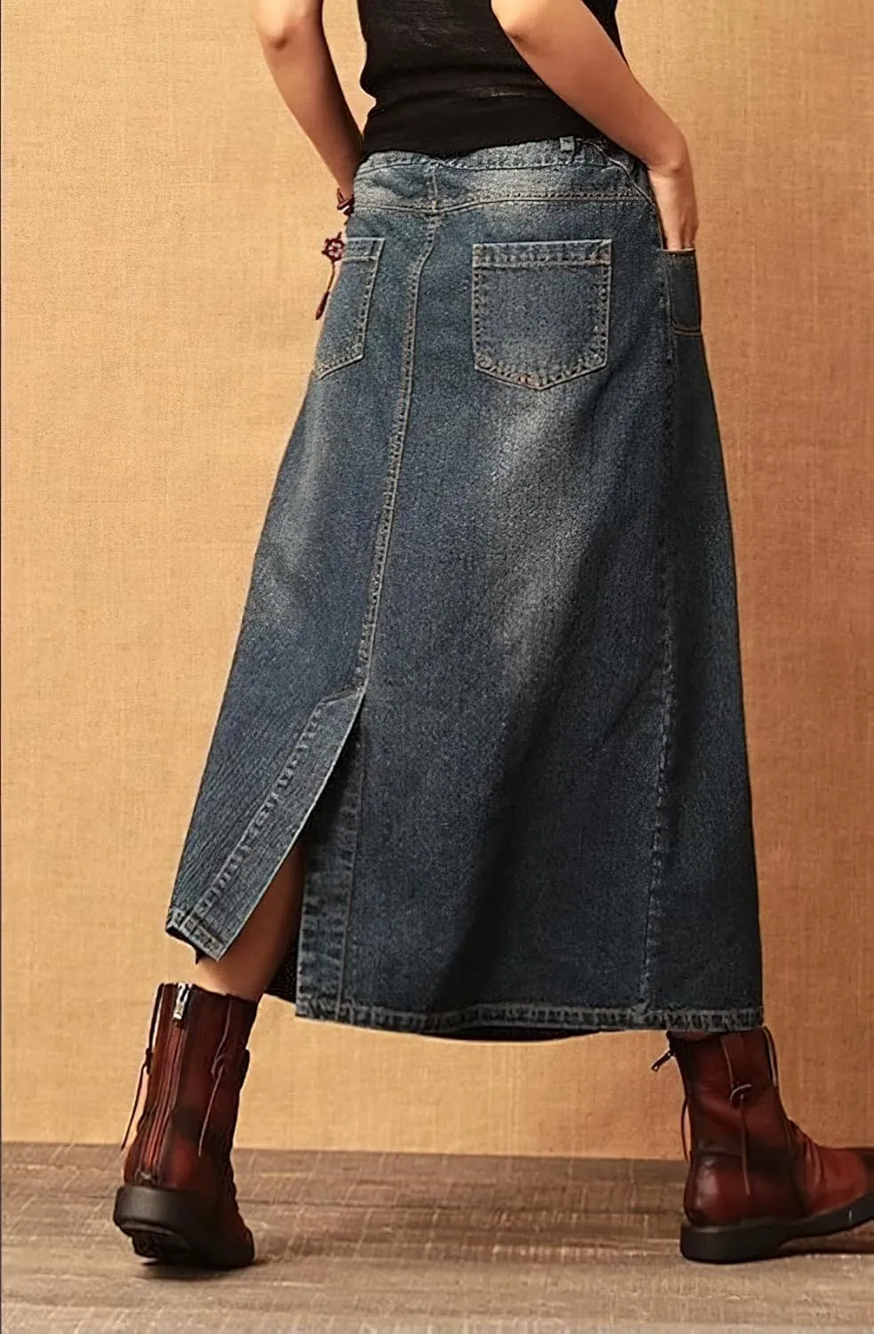 chouyatou Women's Y2k Casual Elastic High Waist Split Jean Skirt Distressed A Line Long Midi Denim Skirt