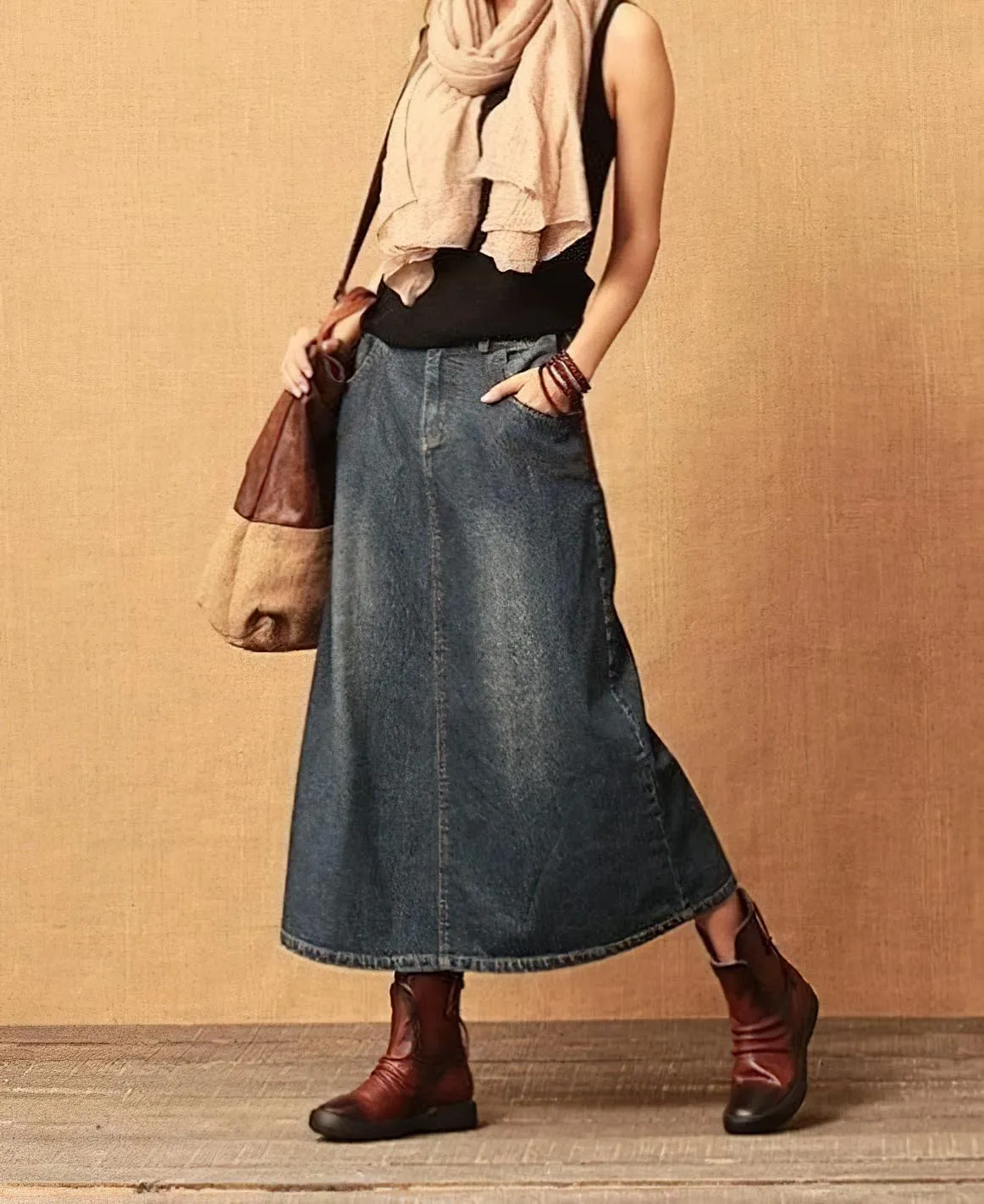 chouyatou Women's Y2k Casual Elastic High Waist Split Jean Skirt Distressed A Line Long Midi Denim Skirt