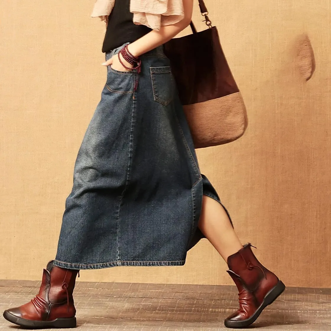 chouyatou Women's Y2k Casual Elastic High Waist Split Jean Skirt Distressed A Line Long Midi Denim Skirt