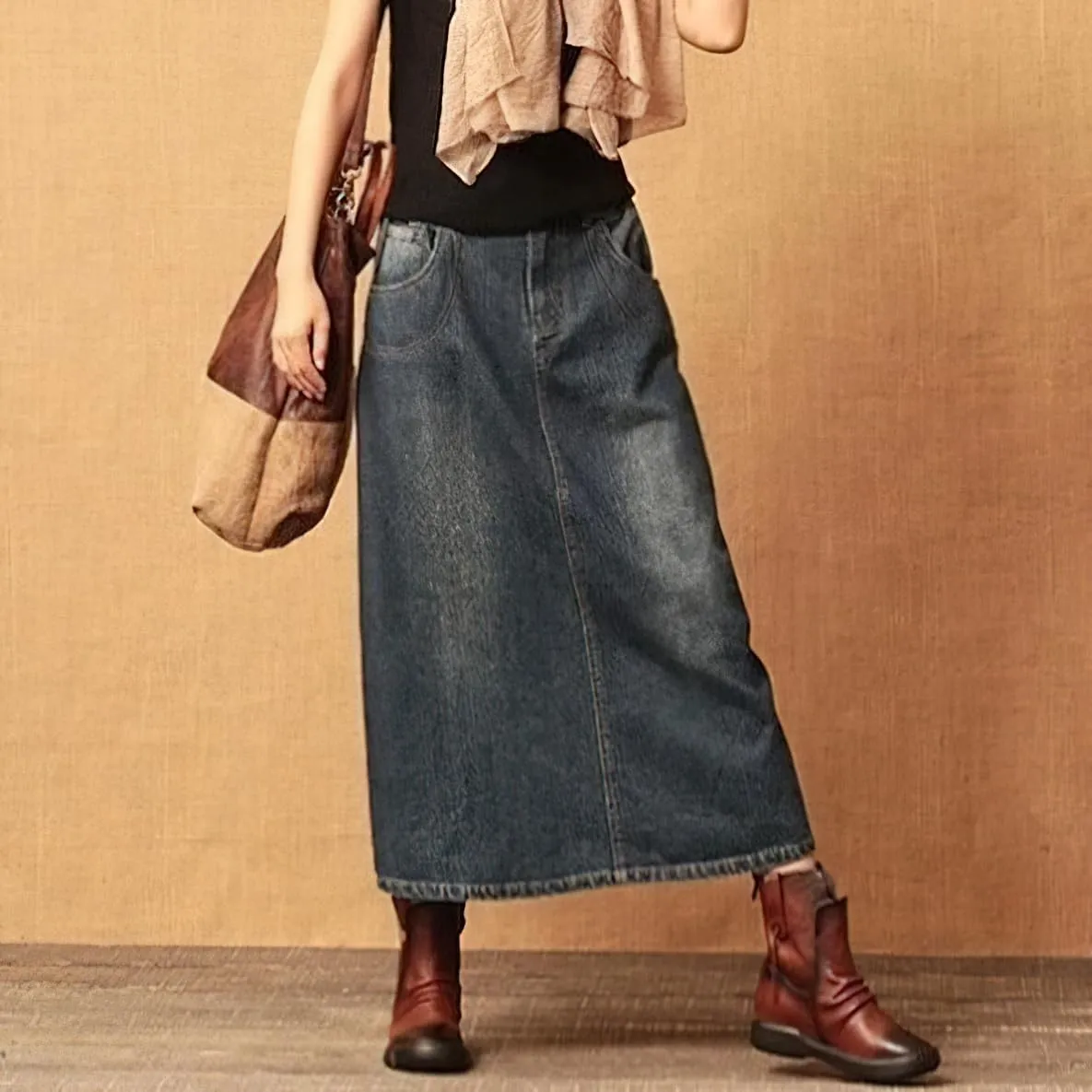 chouyatou Women's Y2k Casual Elastic High Waist Split Jean Skirt Distressed A Line Long Midi Denim Skirt