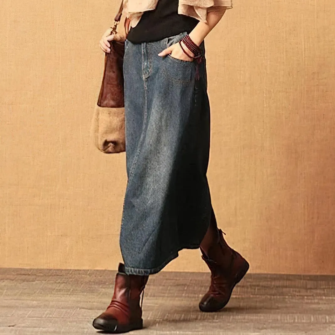 chouyatou Women's Y2k Casual Elastic High Waist Split Jean Skirt Distressed A Line Long Midi Denim Skirt