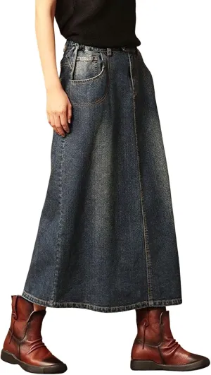 chouyatou Women's Y2k Casual Elastic High Waist Split Jean Skirt Distressed A Line Long Midi Denim Skirt