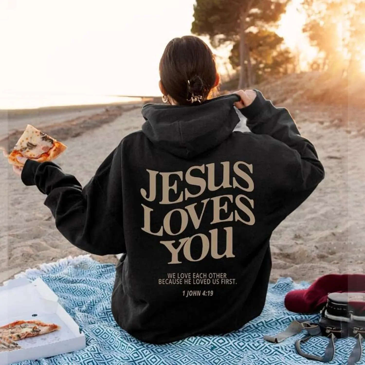 Christian Sweatshirts Women Jesus Loves You Hoodie Oversized Casual Pullover Inspirational Long Sleeve Tops