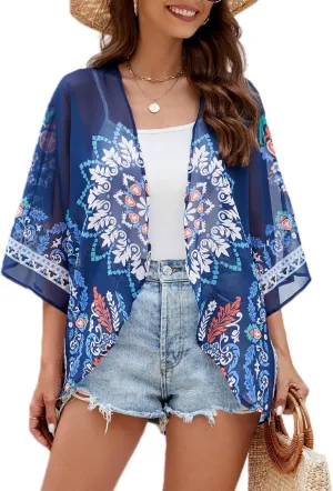 Chunoy Women Chiffon Kimono Cardigan Short Sleeve Open Front Tops Beach Wear Cover Up