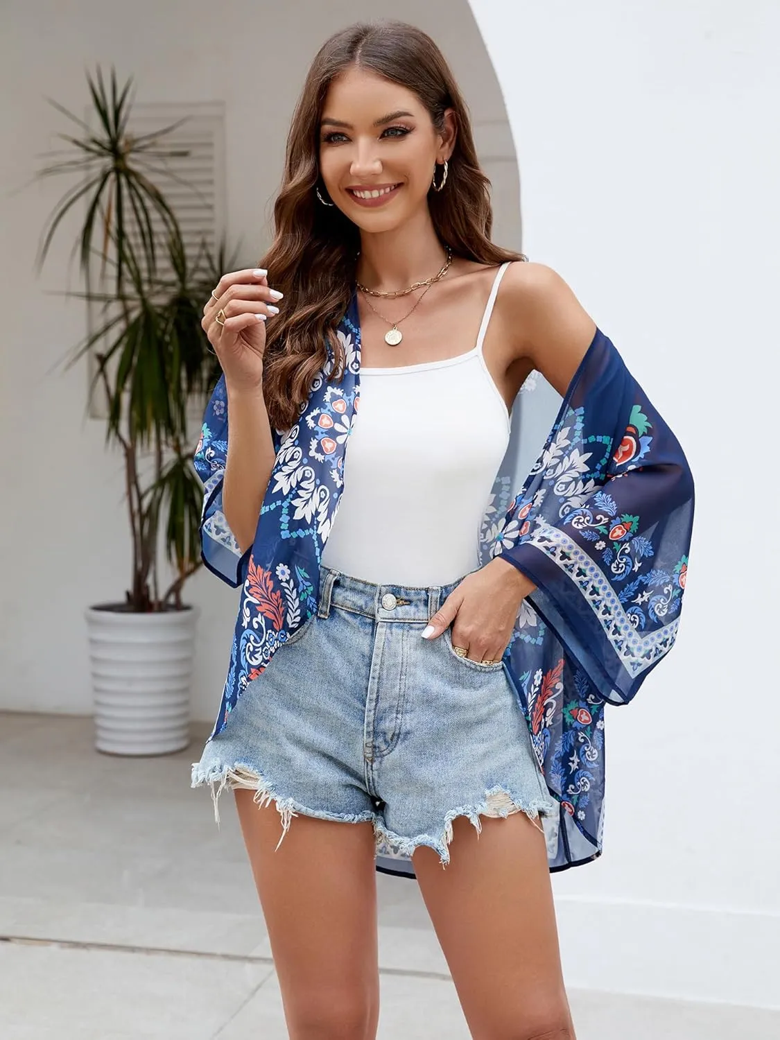 Chunoy Women Chiffon Kimono Cardigan Short Sleeve Open Front Tops Beach Wear Cover Up