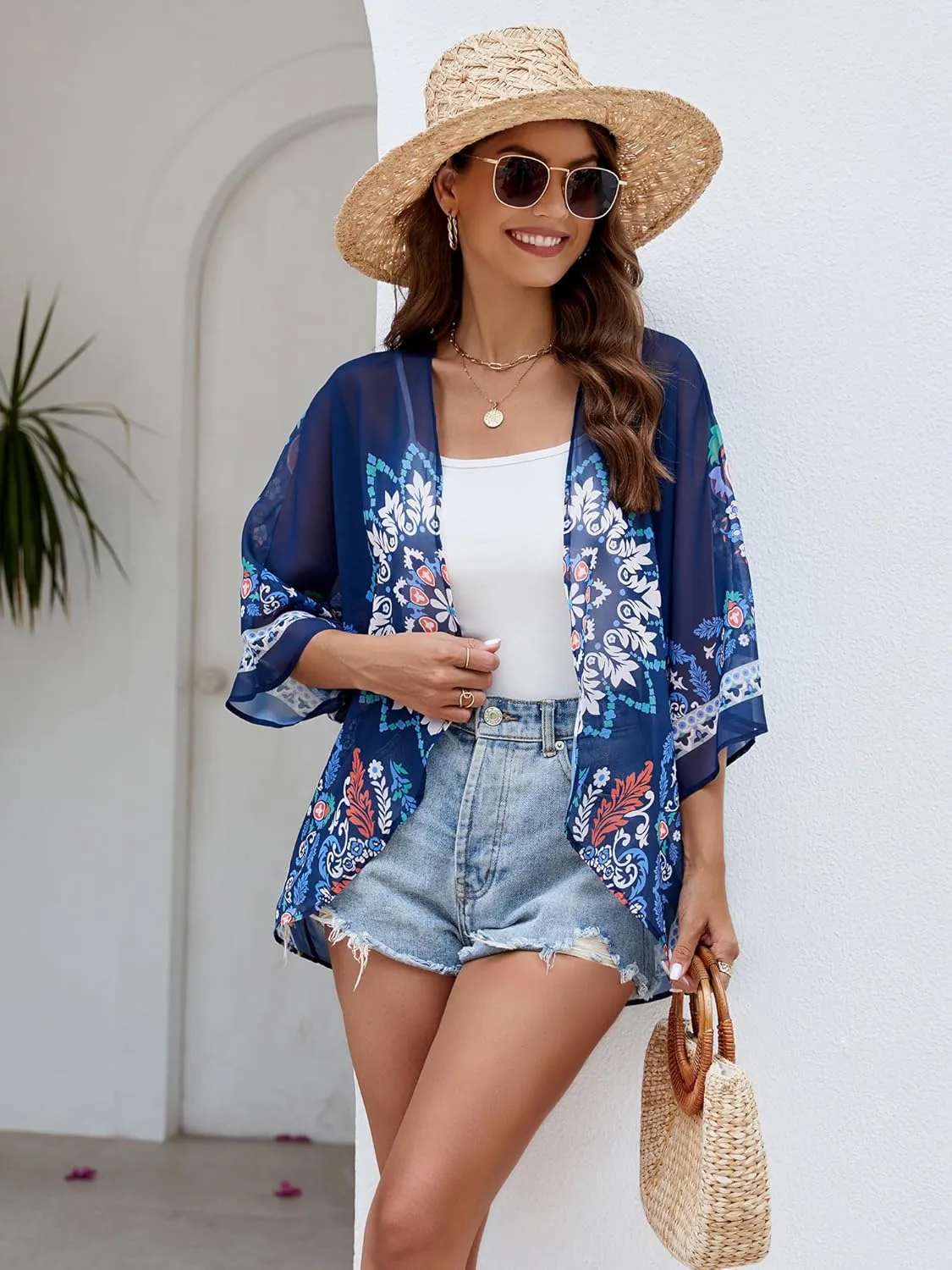 Chunoy Women Chiffon Kimono Cardigan Short Sleeve Open Front Tops Beach Wear Cover Up