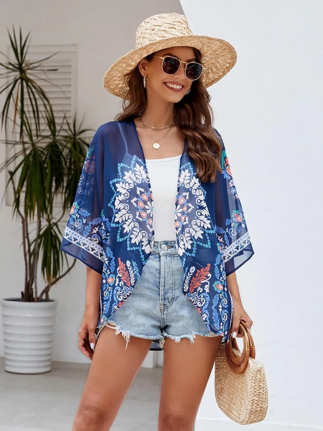 Chunoy Women Chiffon Kimono Cardigan Short Sleeve Open Front Tops Beach Wear Cover Up