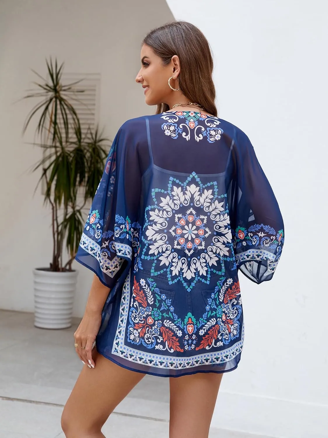 Chunoy Women Chiffon Kimono Cardigan Short Sleeve Open Front Tops Beach Wear Cover Up