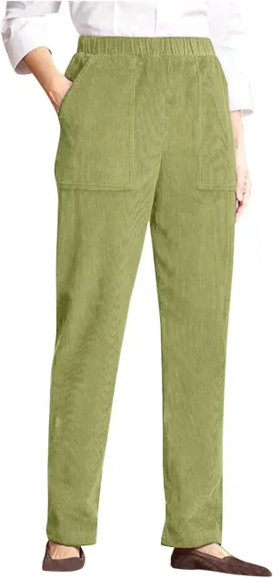 Corduroy Pants for Women Vintage Elastic Long Pants High Waist Straight Wide Leg Pants Trendy Work Lounge Trousers