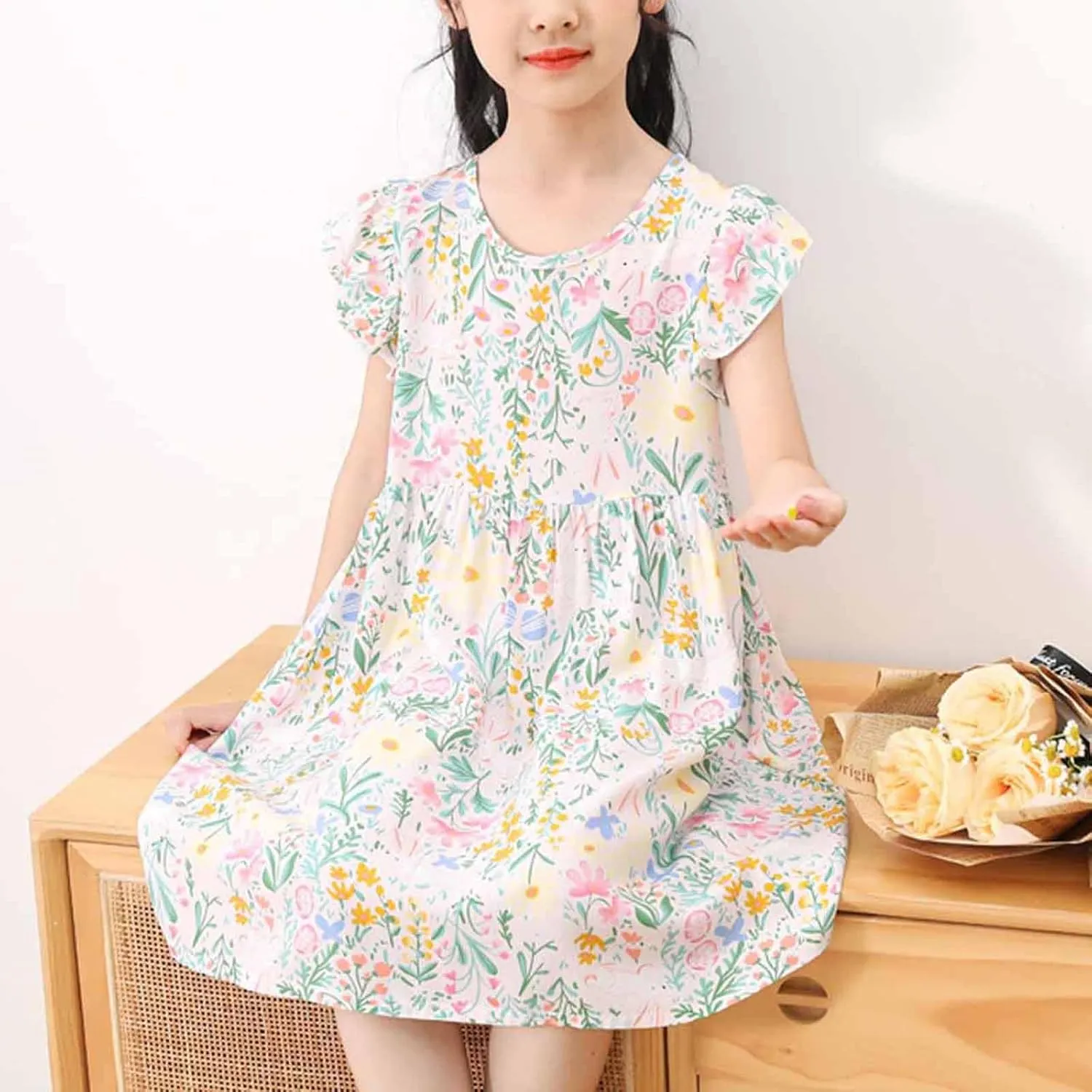 Cotton Floral Print Girls Summer Dress Sleeveless Casual Loose Fit Ruffle Sleeve Lightweight Sundress Vacation Beach