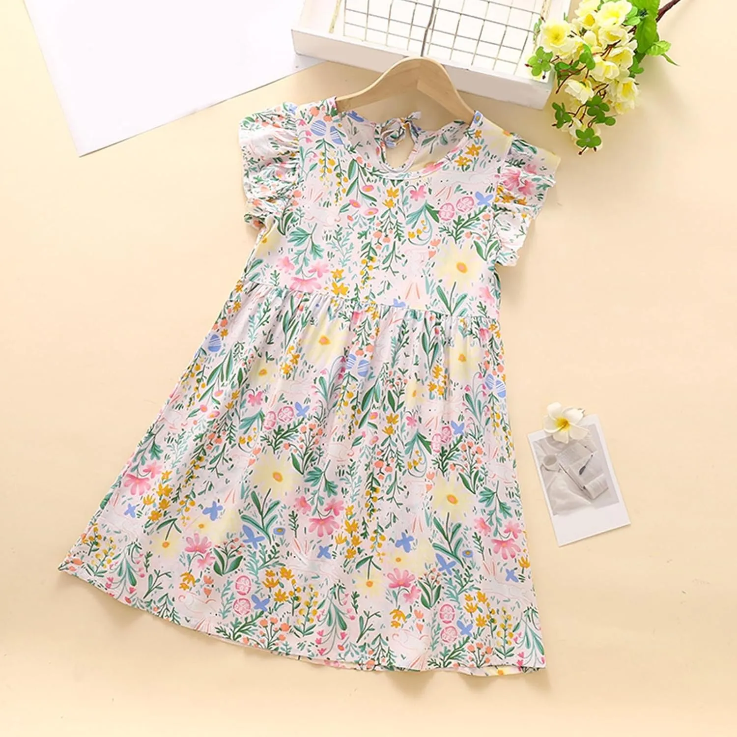 Cotton Floral Print Girls Summer Dress Sleeveless Casual Loose Fit Ruffle Sleeve Lightweight Sundress Vacation Beach