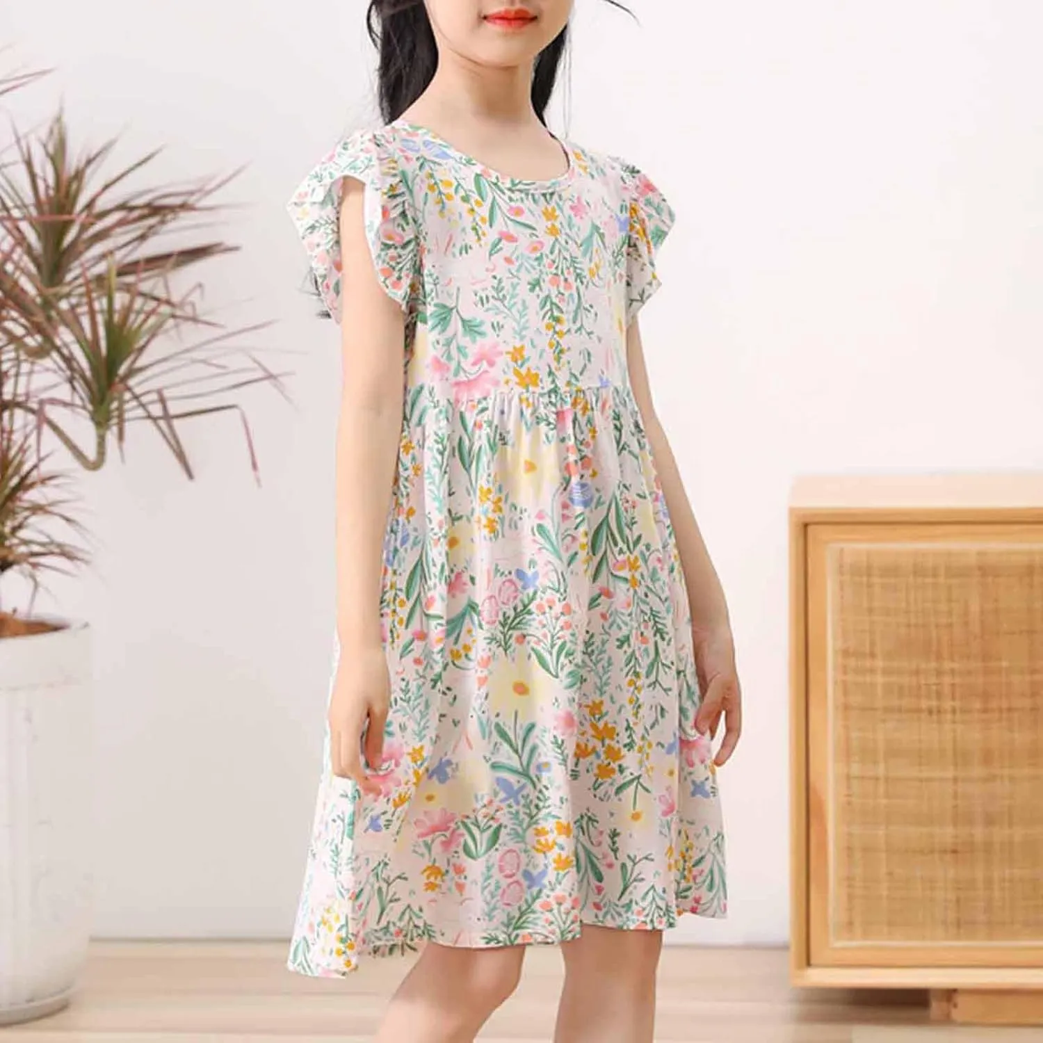 Cotton Floral Print Girls Summer Dress Sleeveless Casual Loose Fit Ruffle Sleeve Lightweight Sundress Vacation Beach
