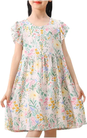Cotton Floral Print Girls Summer Dress Sleeveless Casual Loose Fit Ruffle Sleeve Lightweight Sundress Vacation Beach