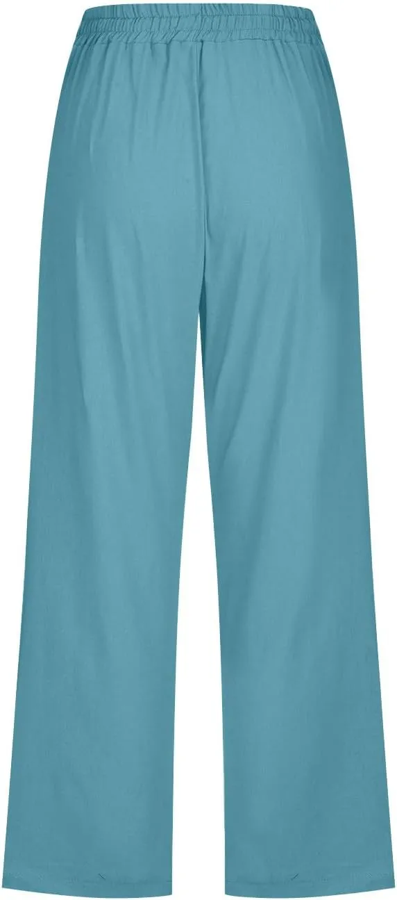 Cotton Linen Capri Pants for Women Casual Summer Elastic Waist Lounge Capris Loose Comfy Lightweight Cropped Trousers