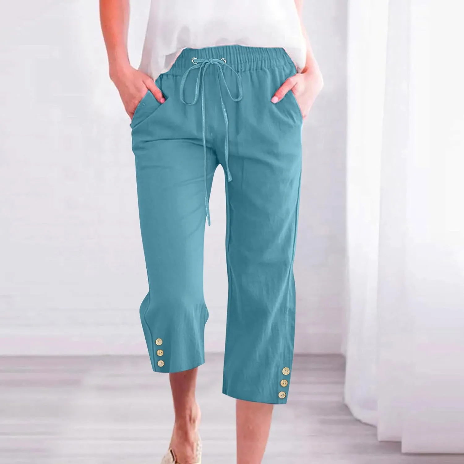 Cotton Linen Capri Pants for Women Casual Summer Elastic Waist Lounge Capris Loose Comfy Lightweight Cropped Trousers