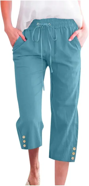 Cotton Linen Capri Pants for Women Casual Summer Elastic Waist Lounge Capris Loose Comfy Lightweight Cropped Trousers