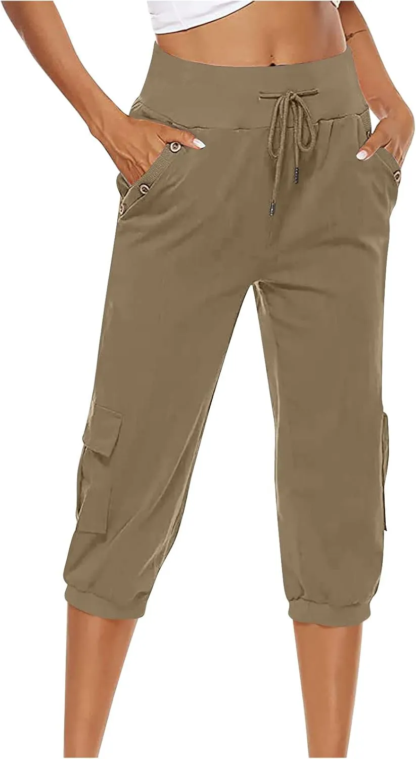 Cotton Linen Capri Pants for Women Drawstring High Waisted Loose Fit Summer Capris Casual Cropped Trouser with Pocket