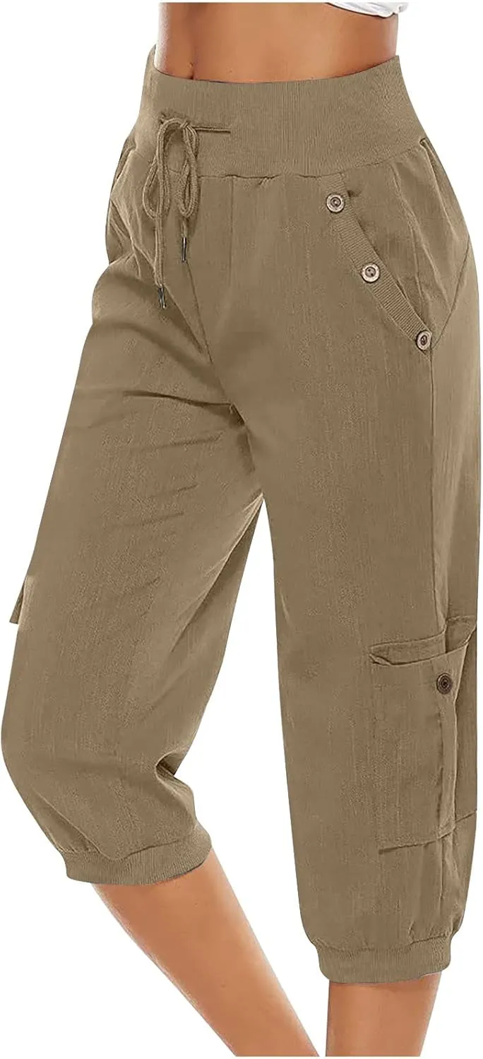 Cotton Linen Capri Pants for Women Drawstring High Waisted Loose Fit Summer Capris Casual Cropped Trouser with Pocket