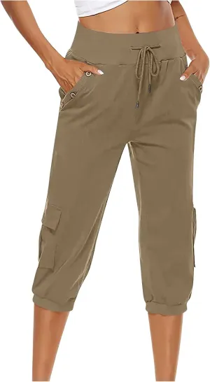 Cotton Linen Capri Pants for Women Drawstring High Waisted Loose Fit Summer Capris Casual Cropped Trouser with Pocket
