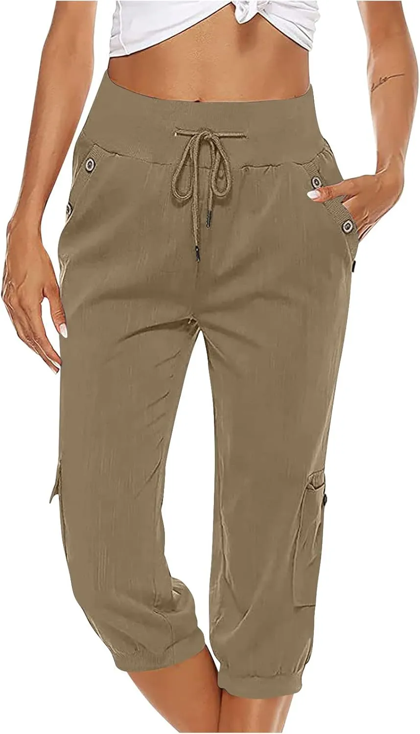 Cotton Linen Capri Pants for Women Drawstring High Waisted Loose Fit Summer Capris Casual Cropped Trouser with Pocket
