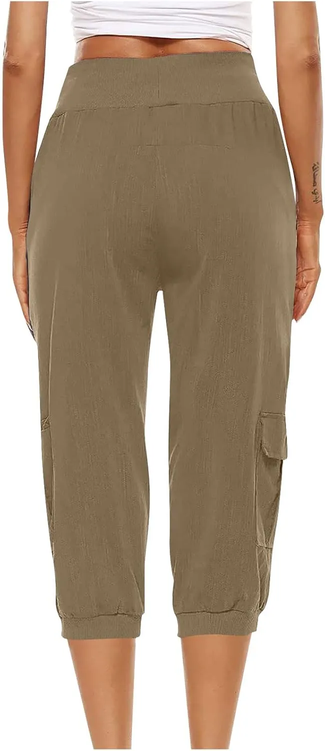 Cotton Linen Capri Pants for Women Drawstring High Waisted Loose Fit Summer Capris Casual Cropped Trouser with Pocket