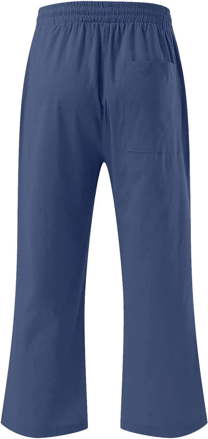 Cotton Linen Capri Pants for Women Fall Casual Capris Drawstring Elastic High Waist Pant Leg Cropped Trouser 2 Pack