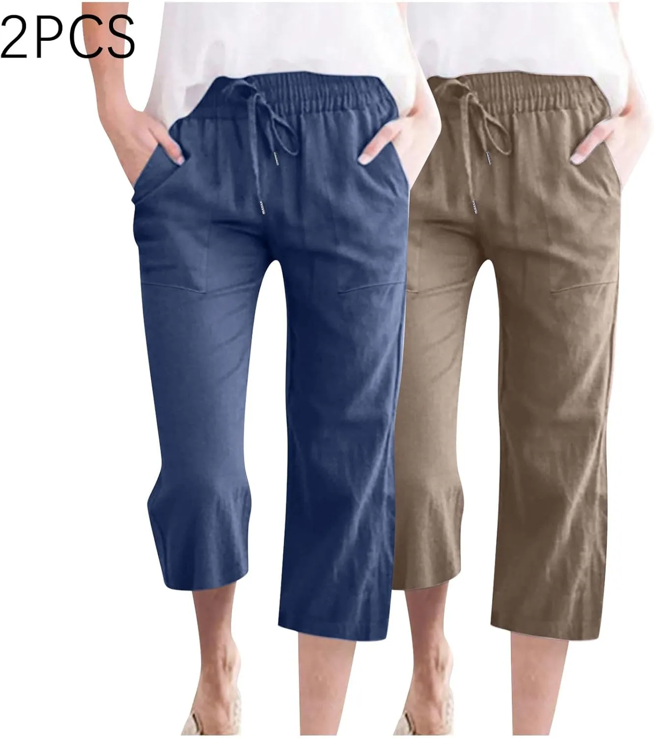 Cotton Linen Capri Pants for Women Fall Casual Capris Drawstring Elastic High Waist Pant Leg Cropped Trouser 2 Pack