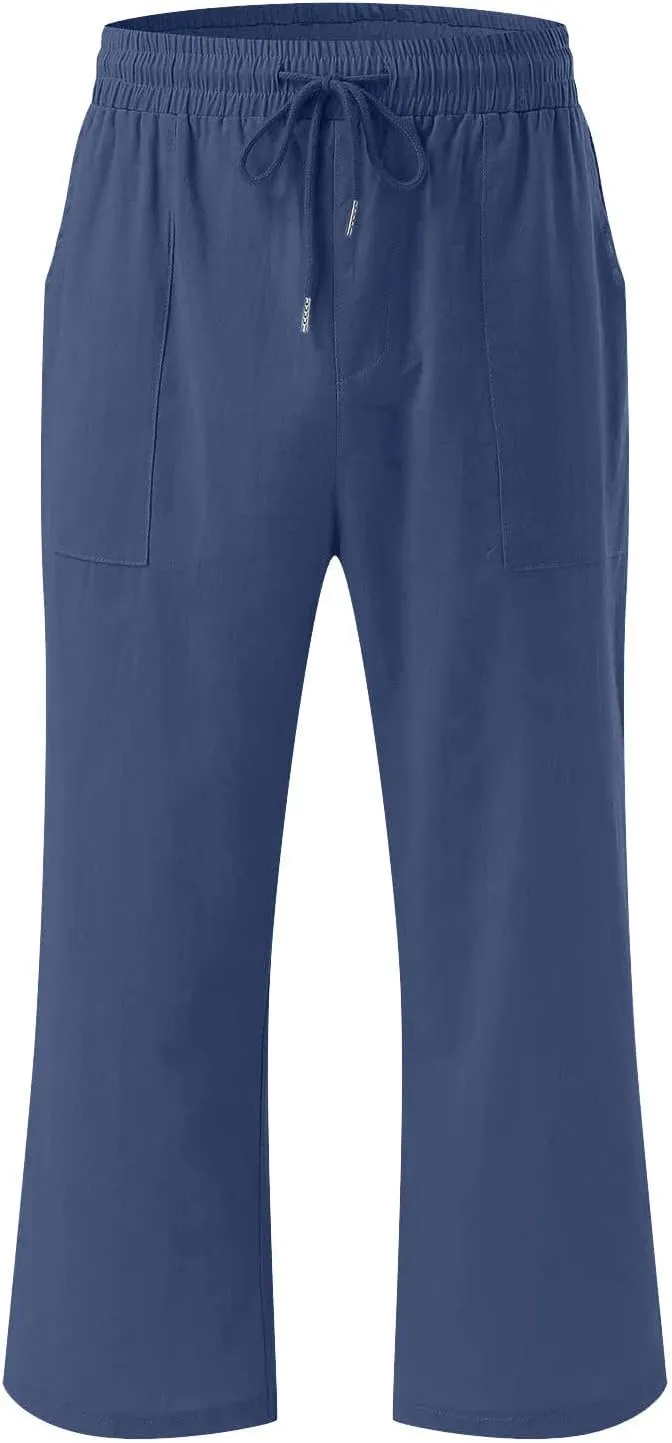 Cotton Linen Capri Pants for Women Fall Casual Capris Drawstring Elastic High Waist Pant Leg Cropped Trouser 2 Pack