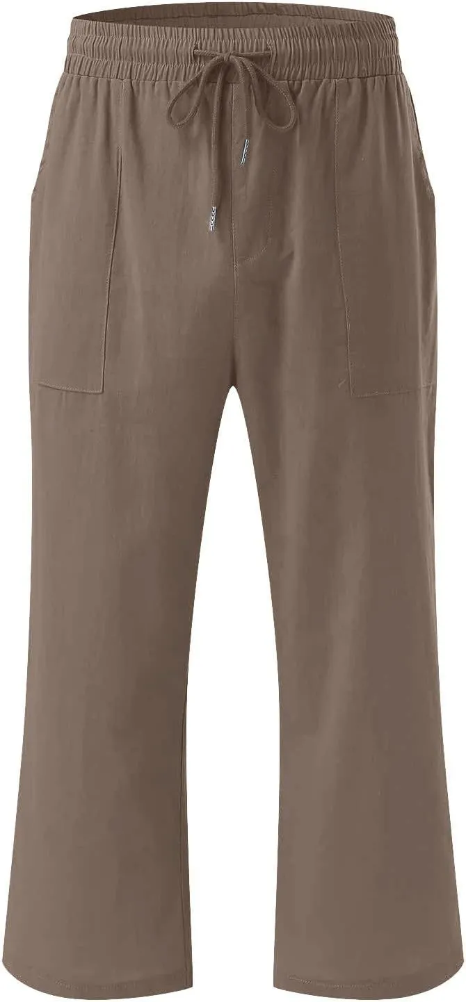 Cotton Linen Capri Pants for Women Fall Casual Capris Drawstring Elastic High Waist Pant Leg Cropped Trouser 2 Pack