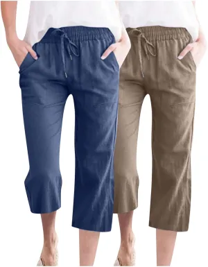 Cotton Linen Capri Pants for Women Fall Casual Capris Drawstring Elastic High Waist Pant Leg Cropped Trouser 2 Pack