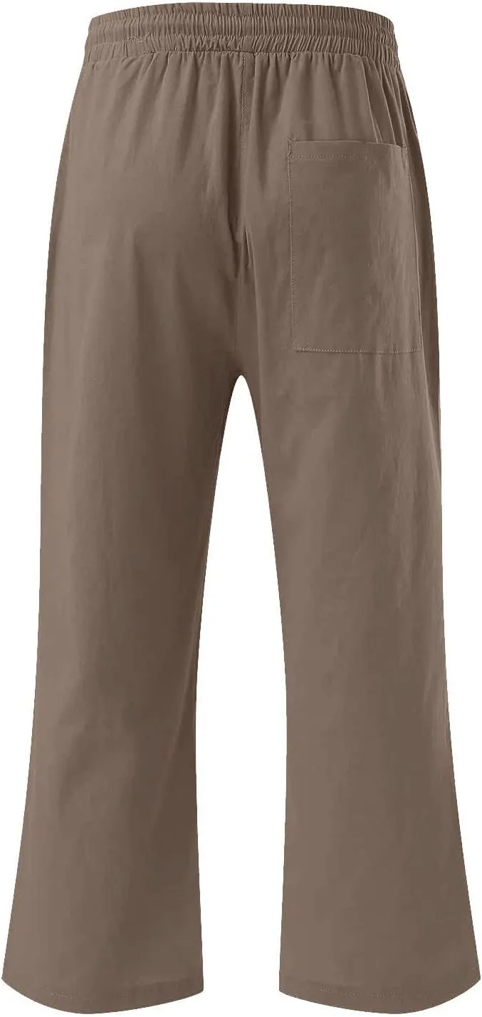 Cotton Linen Capri Pants for Women Fall Casual Capris Drawstring Elastic High Waist Pant Leg Cropped Trouser 2 Pack