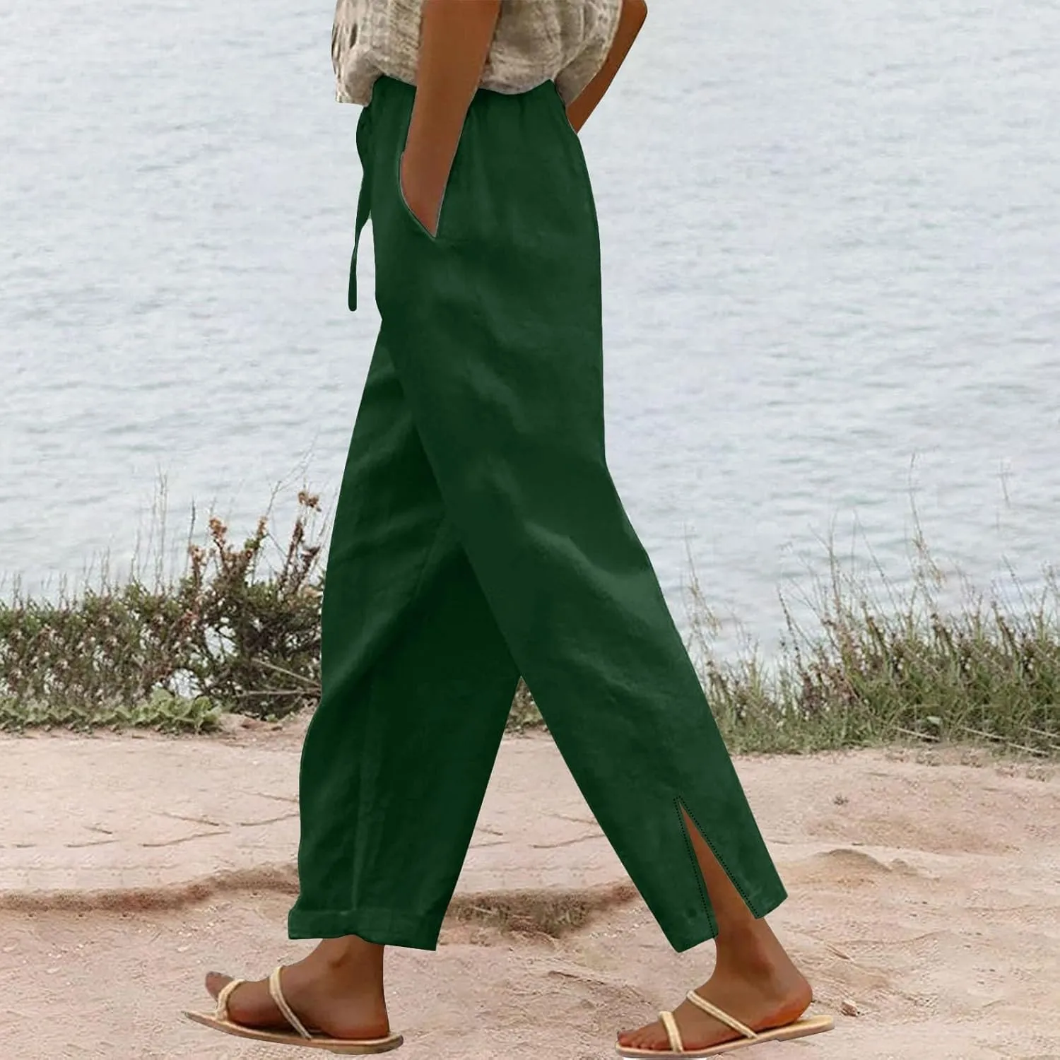 Cotton Linen Pants for Women Casual Drawstring Elastic Waist Summer Pants Boho Flowy Loose Beach Trousers with Pockets