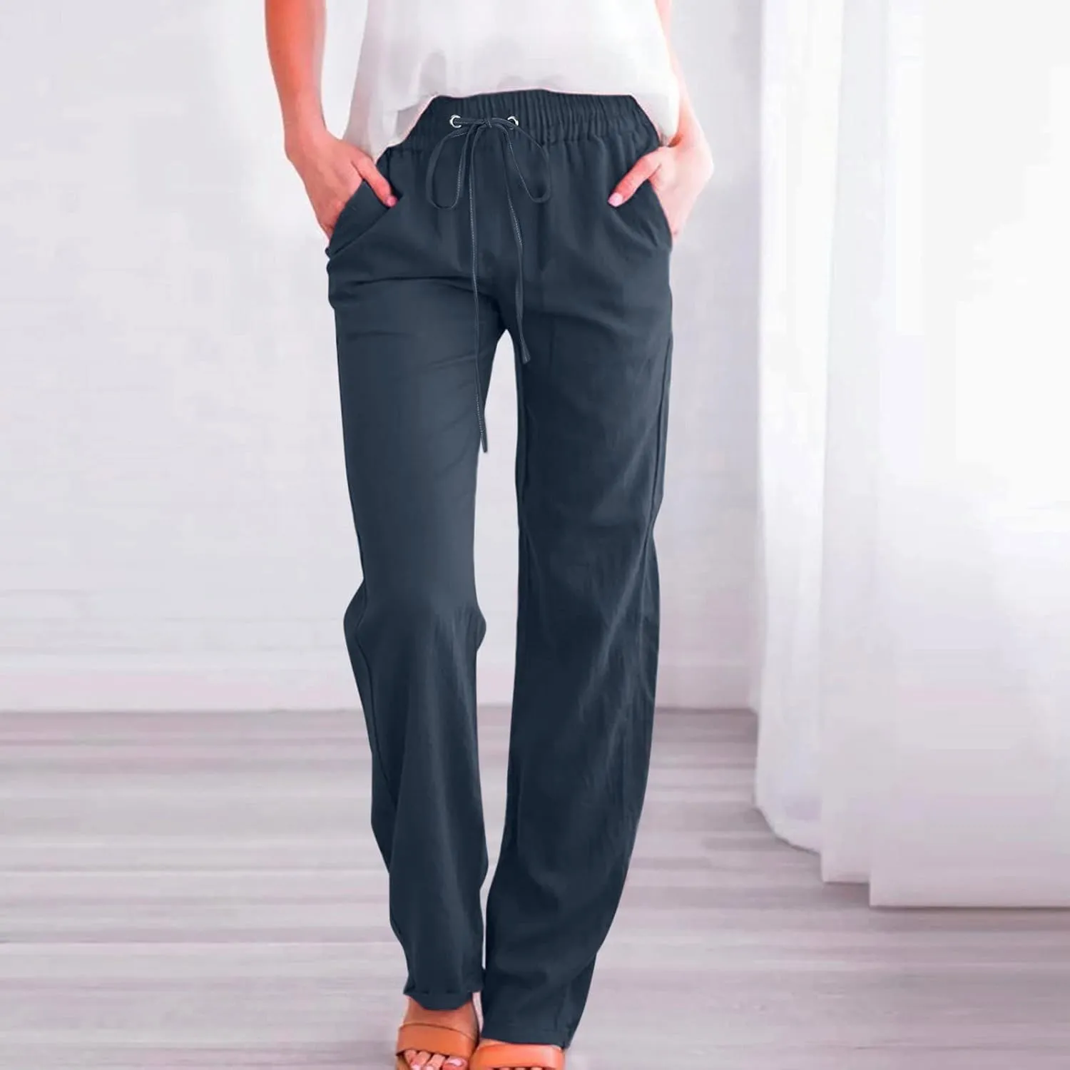 Cotton Linen Pants for Women Casual High Waist Drawstring Loose Straight Wide Leg Lounge Baggy Trousers with Pockets