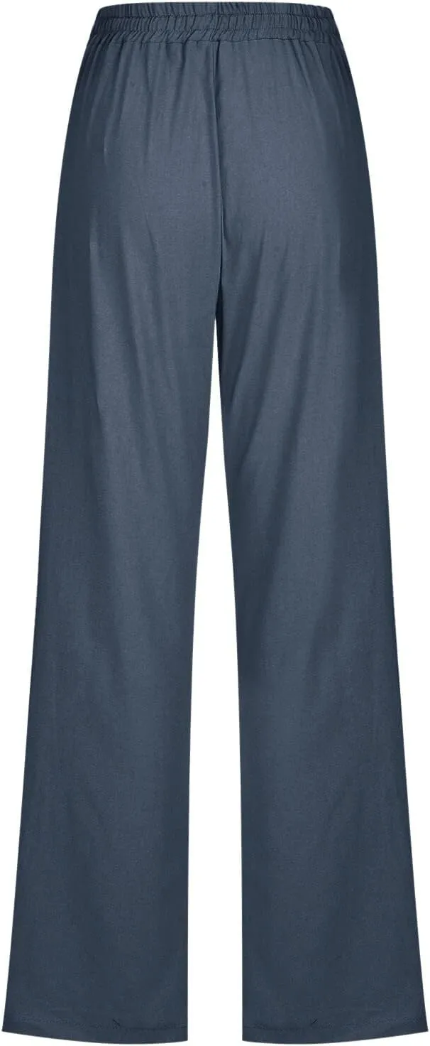 Cotton Linen Pants for Women Casual High Waist Drawstring Loose Straight Wide Leg Lounge Baggy Trousers with Pockets
